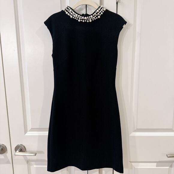ELIZA J Pearl Embellished High Neck Black Textured Shift Dress | 4 - Picture 1 of 11